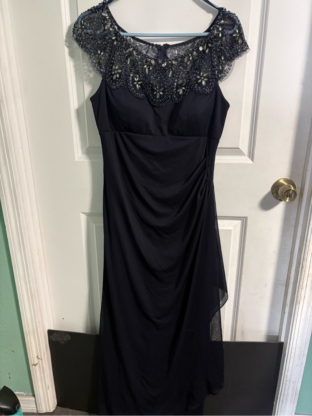 Elegant Navy Beaded Cap-Sleeve Evening Dress
